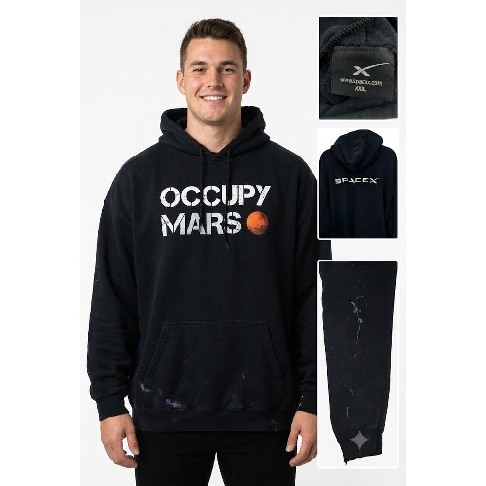 SpaceX Occupy‎ Mars Pullover Hoodie Mens XXXL 3XL Black Thrashed Paint Stained